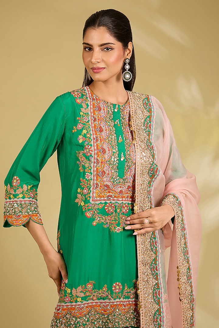 Green Silk Embroidered Bridal Sharara Set by Debyani at Pernia's Pop Up Shop