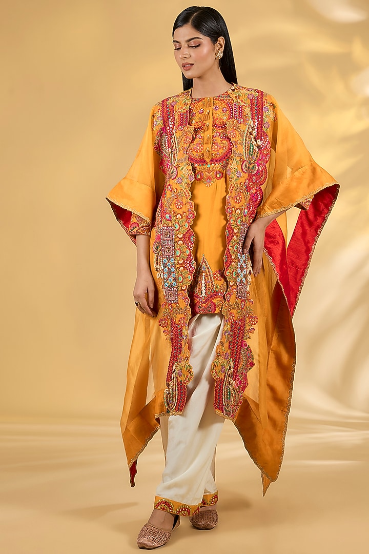 Orange Silk Hand & Machine Embroidered Cape Set by Debyani at Pernia's Pop Up Shop