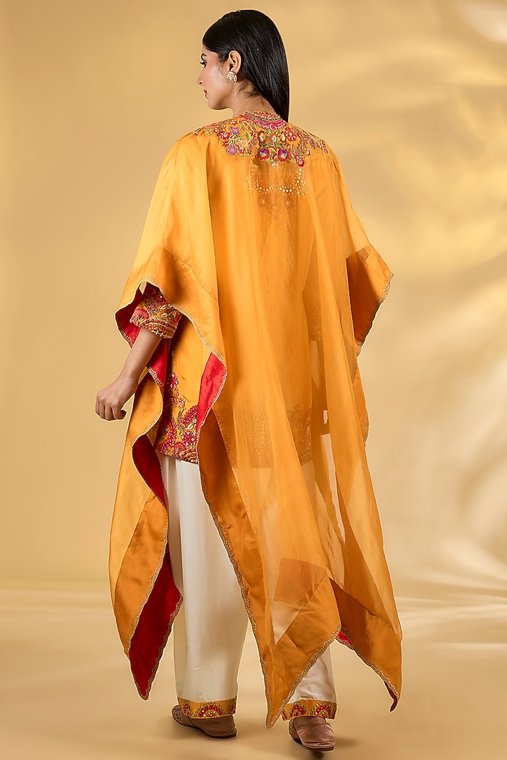 Orange Silk Hand & Machine Embroidered Cape Set by Debyani at Pernia's Pop Up Shop