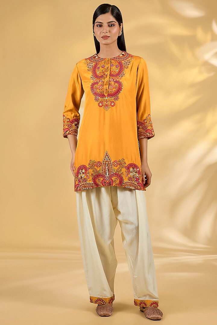 Orange Silk Hand & Machine Embroidered Cape Set by Debyani at Pernia's Pop Up Shop