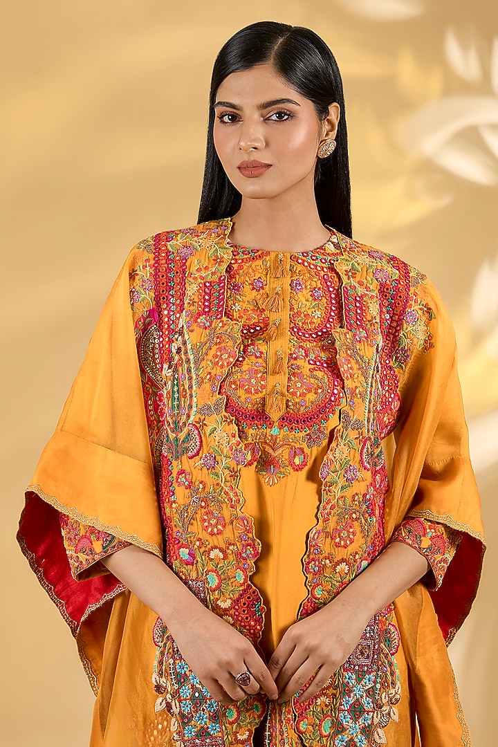 Orange Silk Hand & Machine Embroidered Cape Set by Debyani at Pernia's Pop Up Shop