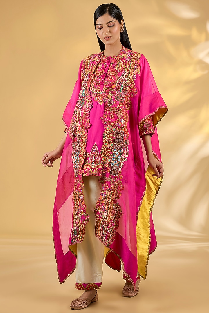Pink Silk Hand & Machine Embroidered Cape Set by Debyani at Pernia's Pop Up Shop