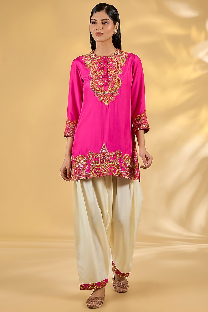 Pink Silk Hand & Machine Embroidered Cape Set by Debyani at Pernia's Pop Up Shop
