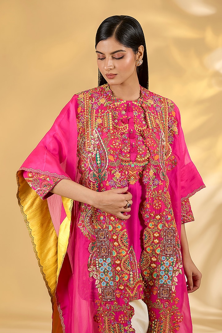 Pink Silk Hand & Machine Embroidered Cape Set by Debyani at Pernia's Pop Up Shop