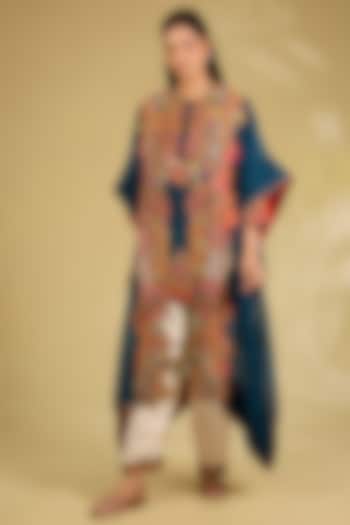 Navy Blue Silk Embroidered Cape Kurta Set by Debyani at Pernia's Pop Up Shop