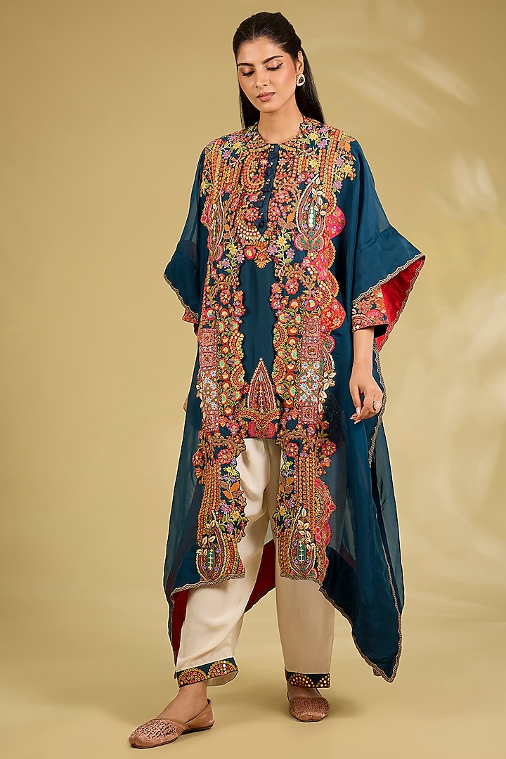 Navy Blue Silk Embroidered Cape Kurta Set by Debyani at Pernia's Pop Up Shop