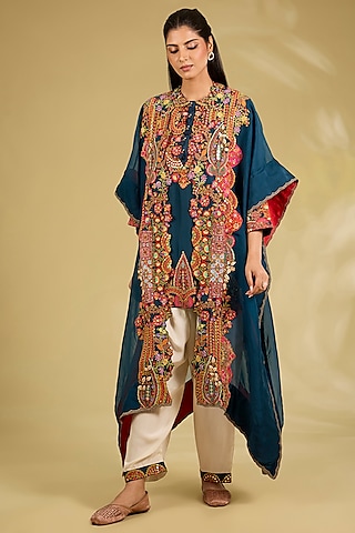 Navy Blue Silk Embroidered Cape Kurta Set by Debyani
