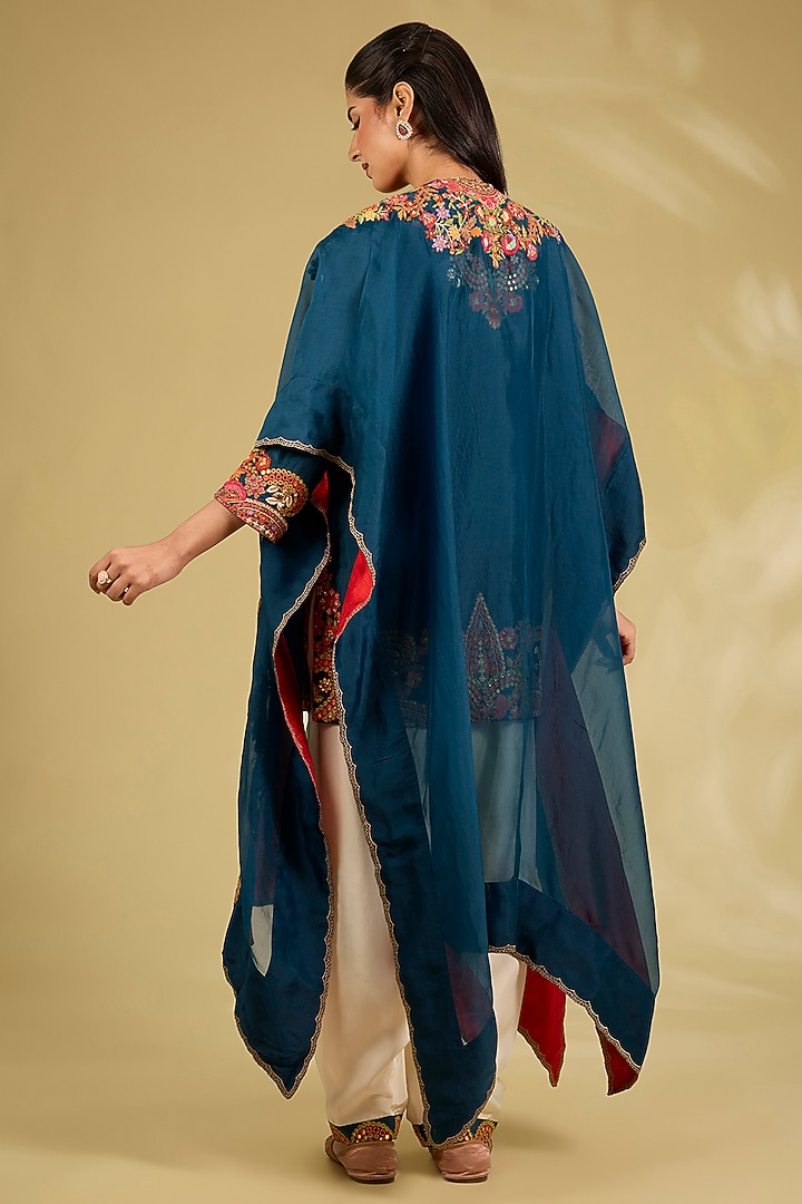 Navy Blue Silk Embroidered Cape Kurta Set by Debyani at Pernia's Pop Up Shop