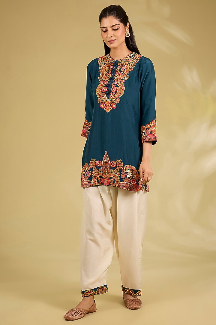 Navy Blue Silk Embroidered Cape Kurta Set by Debyani at Pernia's Pop Up Shop
