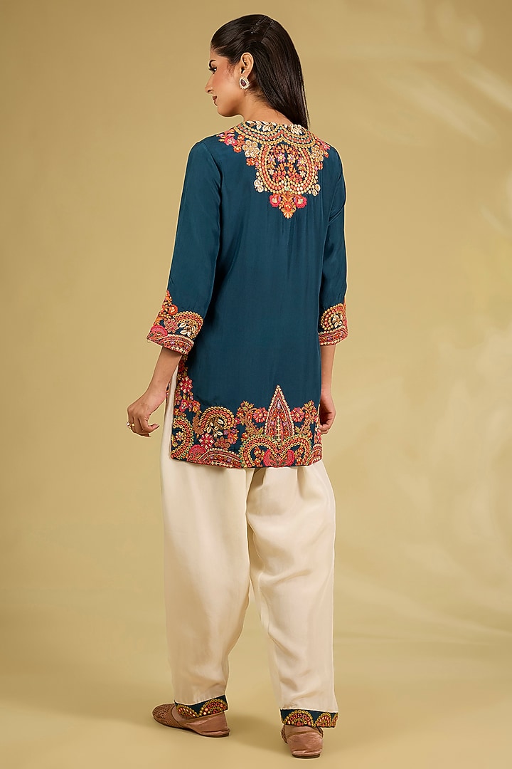 Navy Blue Silk Embroidered Cape Kurta Set by Debyani at Pernia's Pop Up Shop