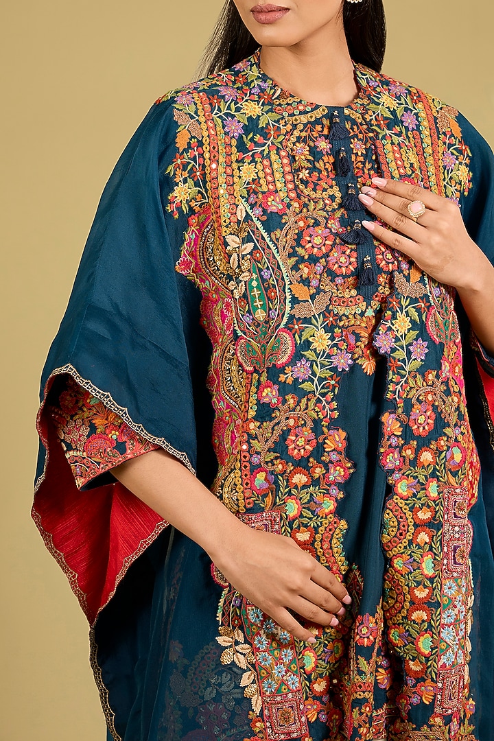 Navy Blue Silk Embroidered Cape Kurta Set by Debyani at Pernia's Pop Up Shop