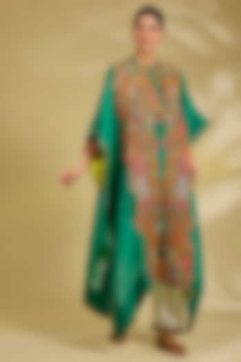 Green Silk Hand & Machine Embroidered Cape Set by Debyani at Pernia's Pop Up Shop