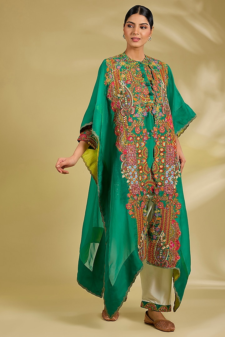Green Silk Hand & Machine Embroidered Cape Set by Debyani at Pernia's Pop Up Shop