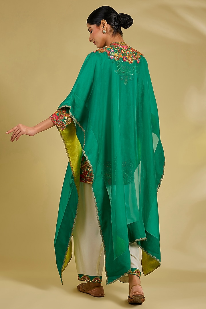 Green Silk Hand & Machine Embroidered Cape Set by Debyani at Pernia's Pop Up Shop