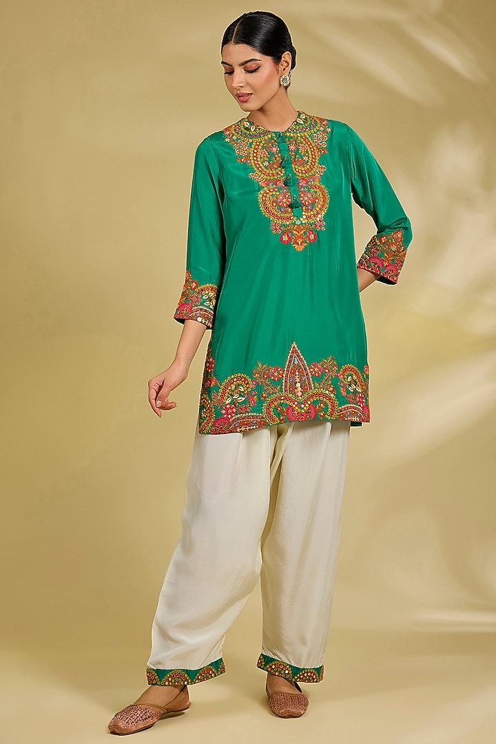 Green Silk Hand & Machine Embroidered Cape Set by Debyani at Pernia's Pop Up Shop