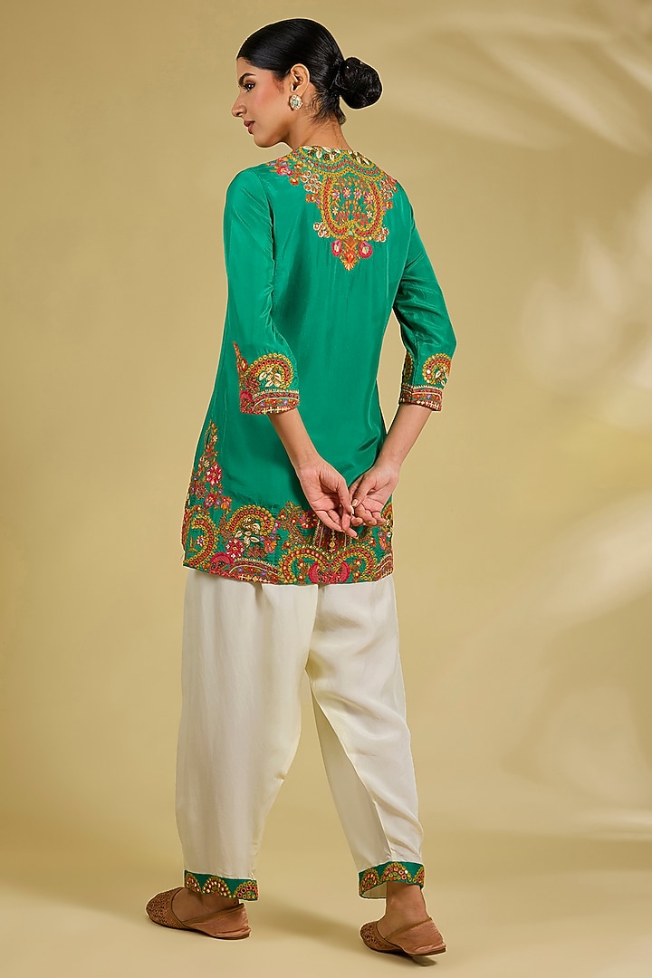 Green Silk Hand & Machine Embroidered Cape Set by Debyani at Pernia's Pop Up Shop