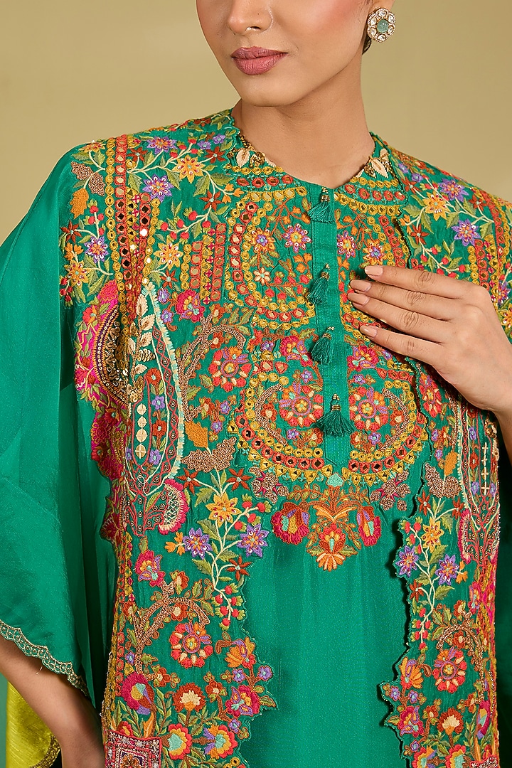 Green Silk Hand & Machine Embroidered Cape Set by Debyani at Pernia's Pop Up Shop
