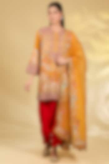 Burnt Orange Silk Hand & Machine Embroidered Kurta Set by Debyani at Pernia's Pop Up Shop