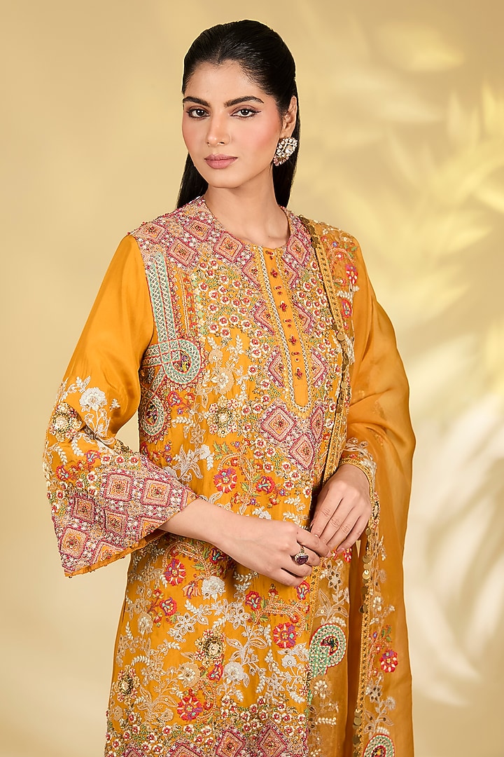 Burnt Orange Silk Hand & Machine Embroidered Kurta Set by Debyani at Pernia's Pop Up Shop