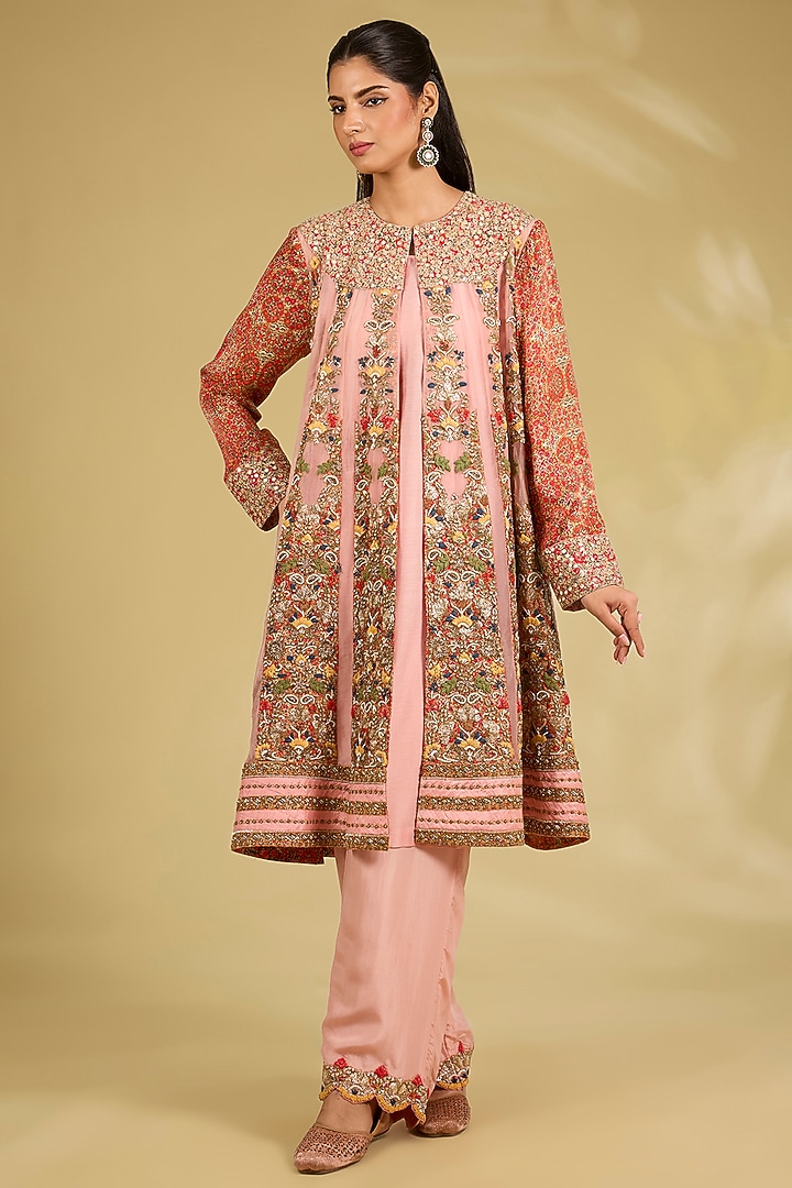 Blush Pink Silk Organza Embroidered Kurta Set by Debyani at Pernia's Pop Up Shop