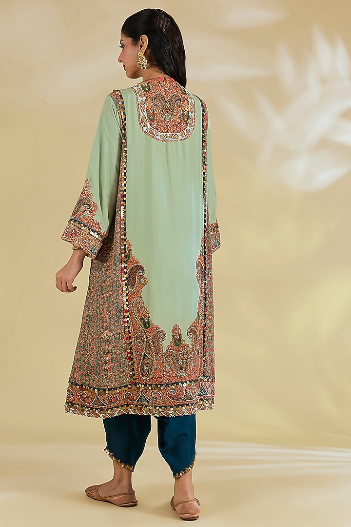 Green Silk Hand & Machine Embroidered Kurta Set by Debyani at Pernia's Pop Up Shop