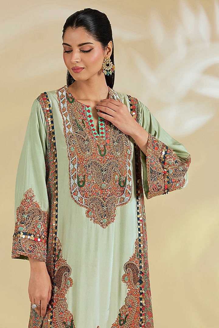 Green Silk Hand & Machine Embroidered Kurta Set by Debyani at Pernia's Pop Up Shop