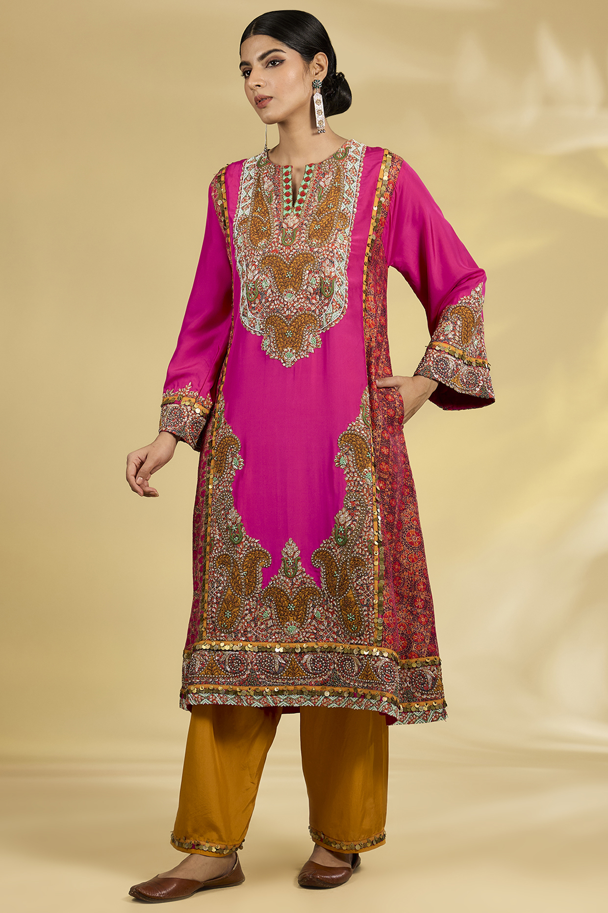 Pink Silk Hand & Machine Embroidered Kurta Set by Debyani at Pernia's Pop Up Shop