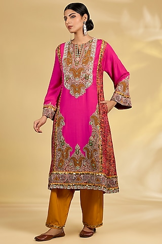Rani pink cotton silk aari hand embroidery kurta