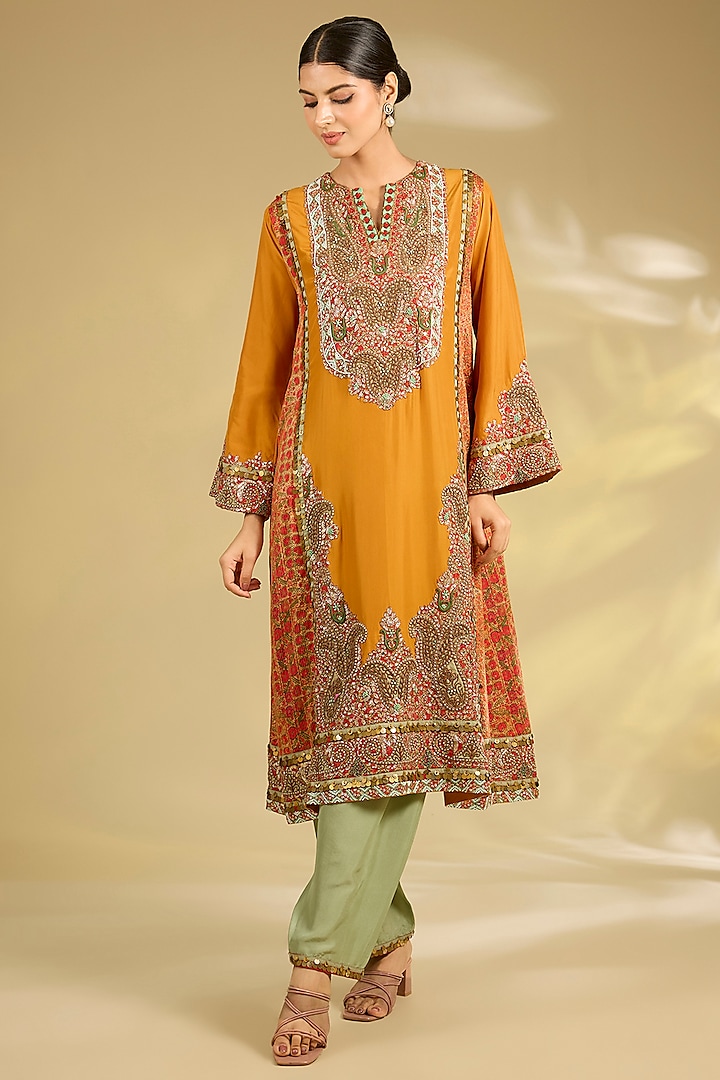 Burnt Orange Silk Hand & Machine Embroidered Kurta Set by Debyani at Pernia's Pop Up Shop