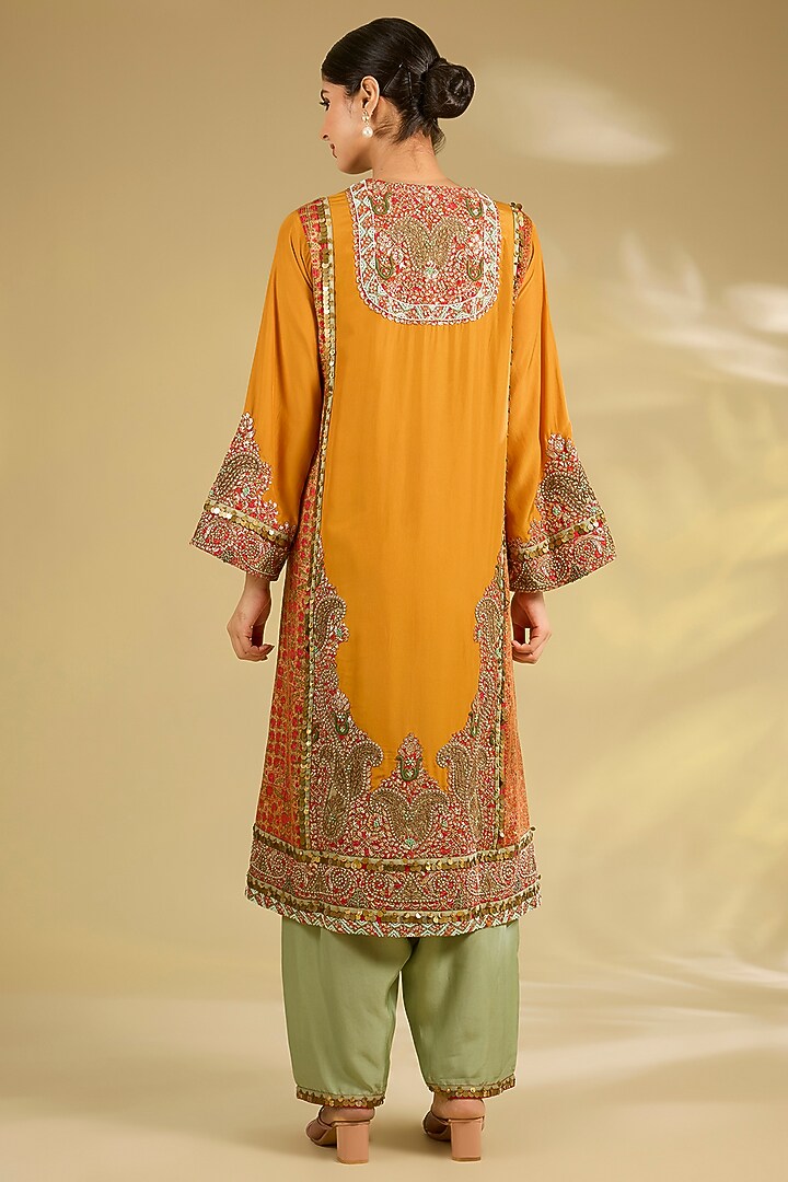 Burnt Orange Silk Hand & Machine Embroidered Kurta Set by Debyani at Pernia's Pop Up Shop