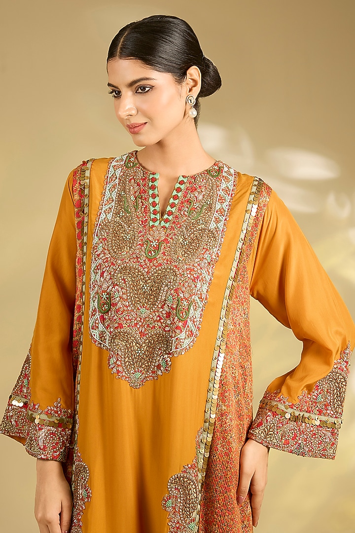 Burnt Orange Silk Hand & Machine Embroidered Kurta Set by Debyani at Pernia's Pop Up Shop