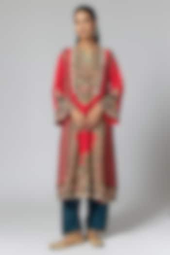 Red Silk Hand & Machine Embroidered Kurta Set by Debyani at Pernia's Pop Up Shop