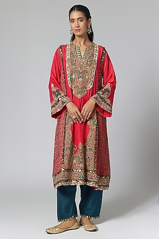 Red Silk Hand & Machine Embroidered Kurta Set by Debyani