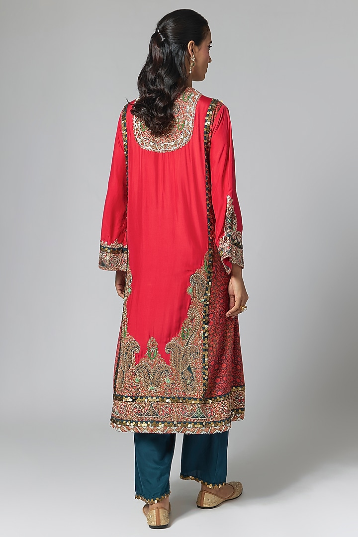 Red Silk Hand & Machine Embroidered Kurta Set by Debyani at Pernia's Pop Up Shop