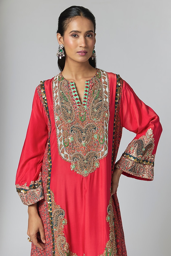 Red Silk Hand & Machine Embroidered Kurta Set by Debyani at Pernia's Pop Up Shop