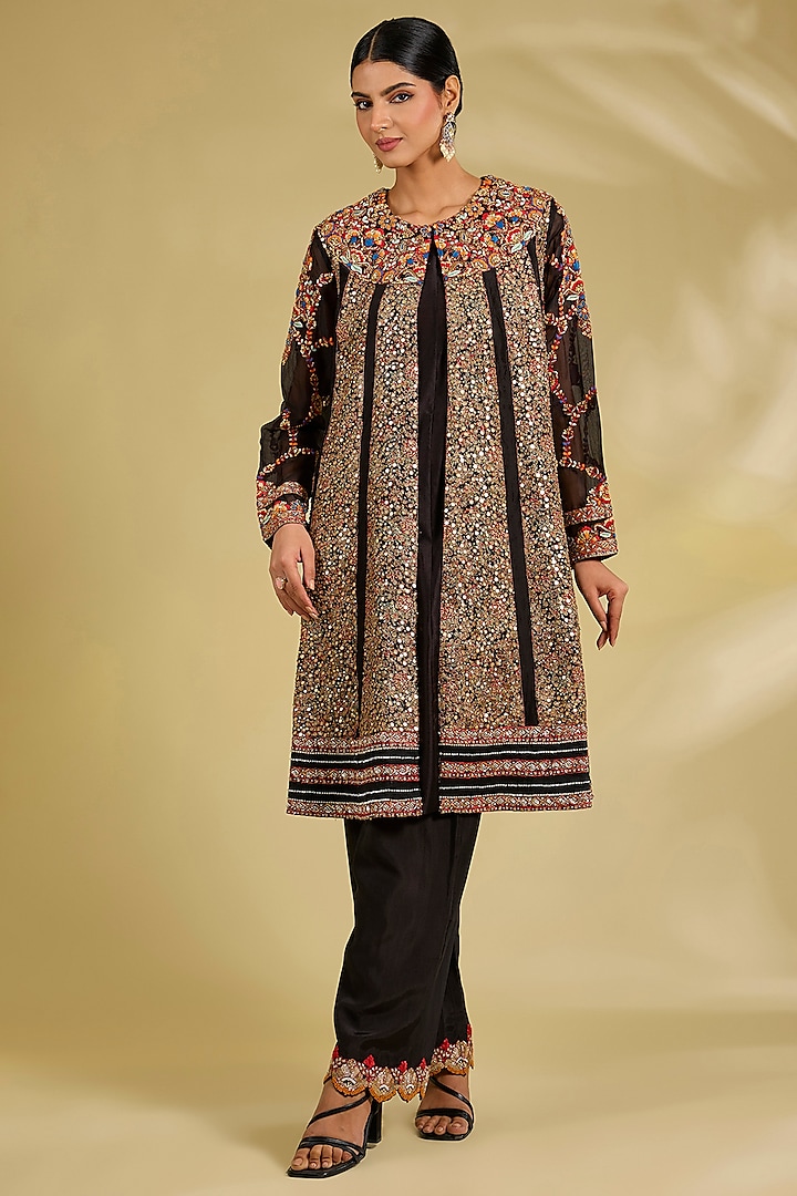 Black Silk Hand & Machine Embroidered Jacket Set by Debyani at Pernia's Pop Up Shop