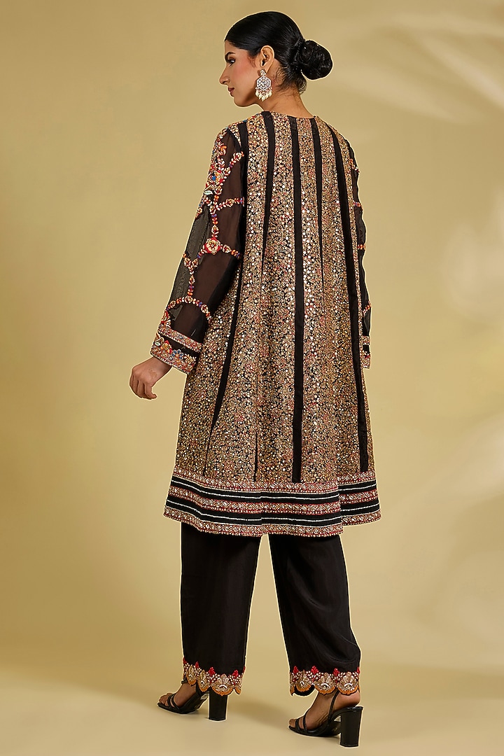 Black Silk Hand & Machine Embroidered Jacket Set by Debyani at Pernia's Pop Up Shop