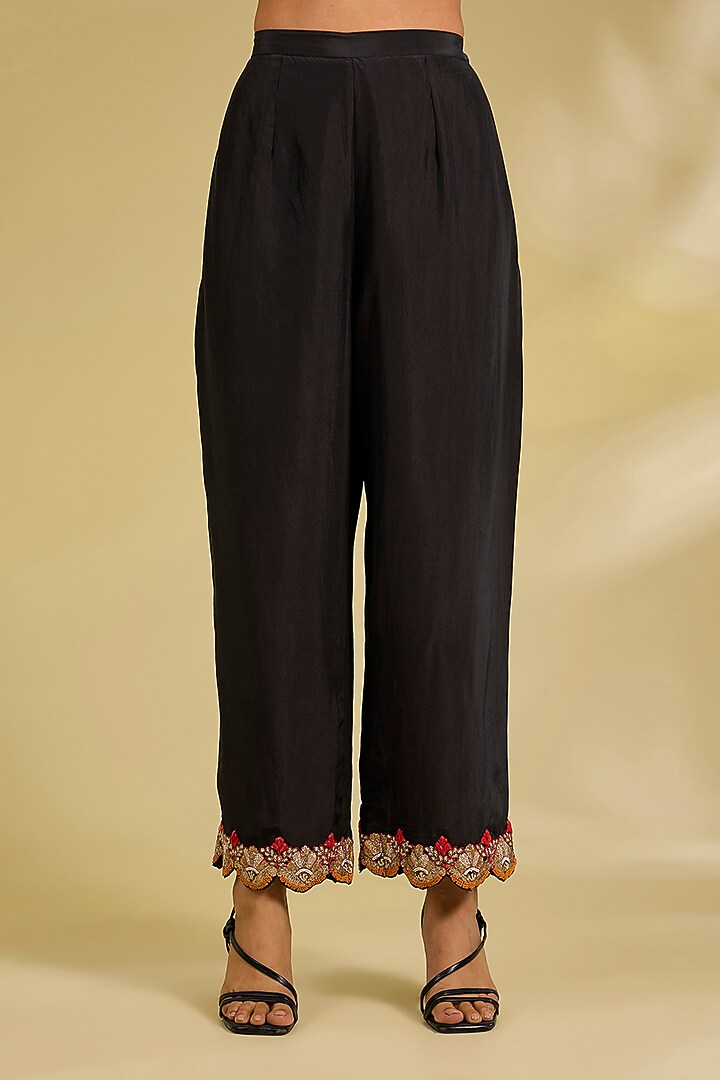 Black Silk Hand & Machine Embroidered Jacket Set by Debyani at Pernia's Pop Up Shop