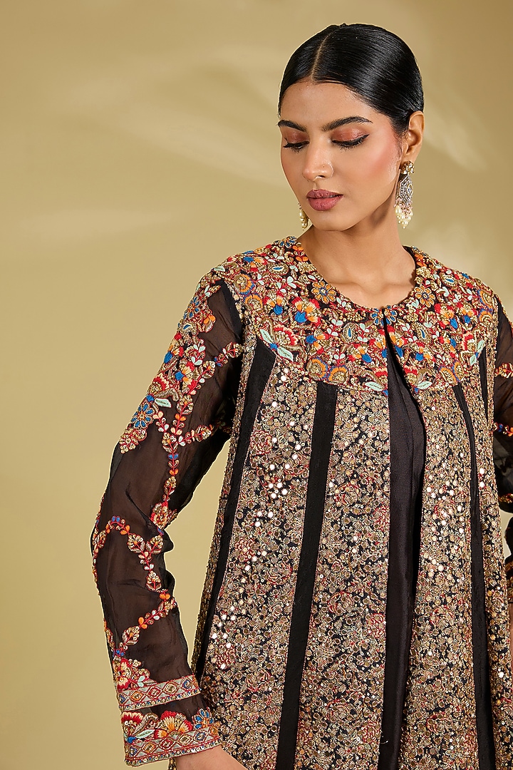Black Silk Hand & Machine Embroidered Jacket Set by Debyani at Pernia's Pop Up Shop