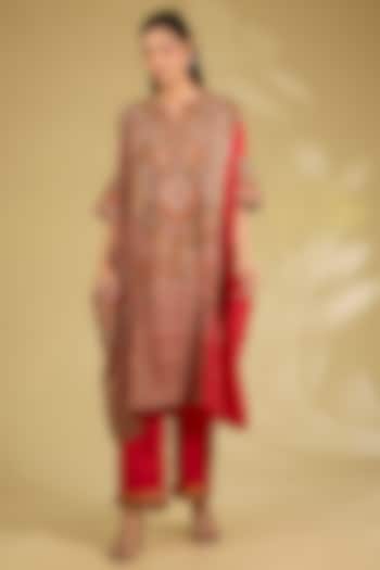 Red Silk Embroidered Kaftan Set by Debyani at Pernia's Pop Up Shop