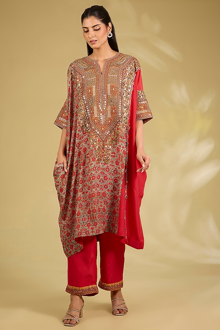 Red Silk Embroidered Kaftan Set by Debyani at Pernia's Pop Up Shop