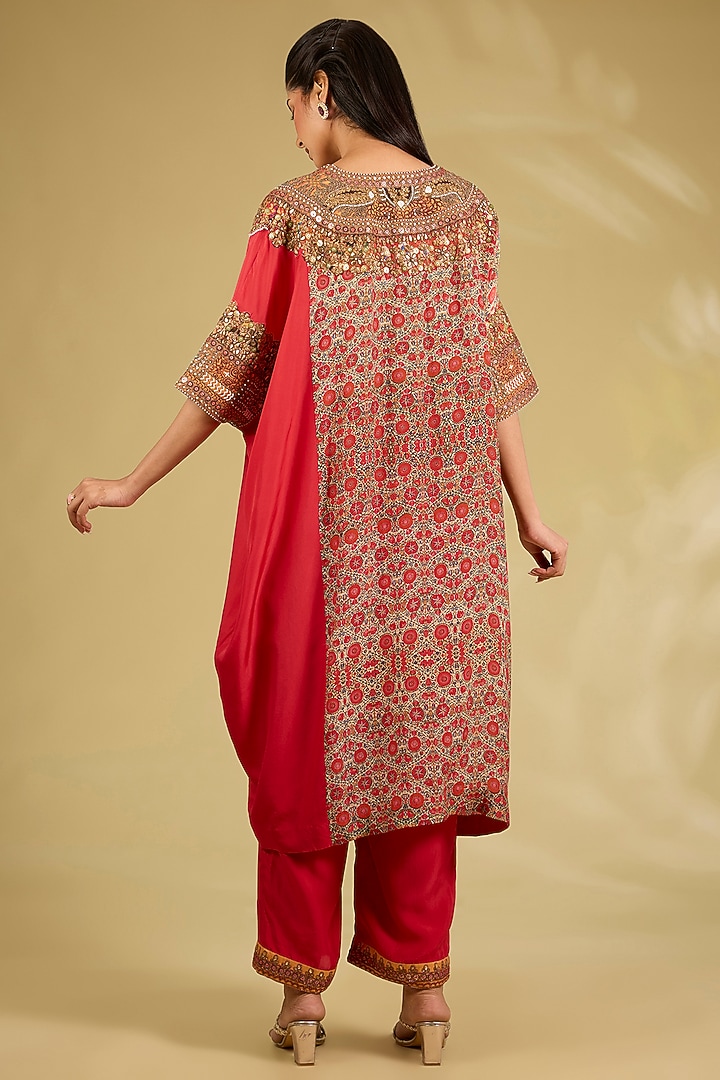 Red Silk Embroidered Kaftan Set by Debyani at Pernia's Pop Up Shop