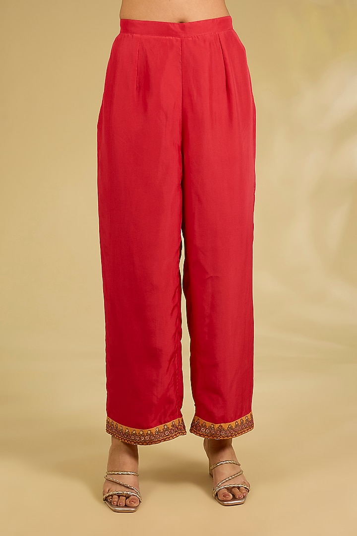 Red Silk Embroidered Kaftan Set by Debyani at Pernia's Pop Up Shop