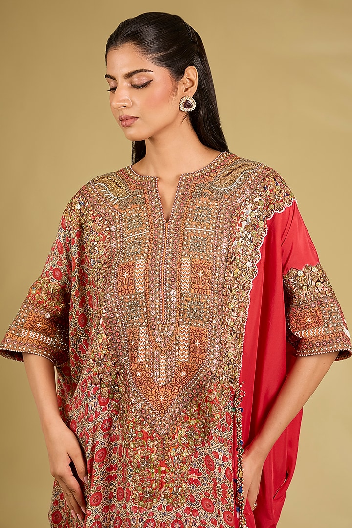 Red Silk Embroidered Kaftan Set by Debyani at Pernia's Pop Up Shop