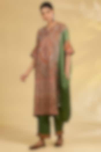 Sage Green Silk Hand & Machine Embroidered Kaftan Set by Debyani at Pernia's Pop Up Shop