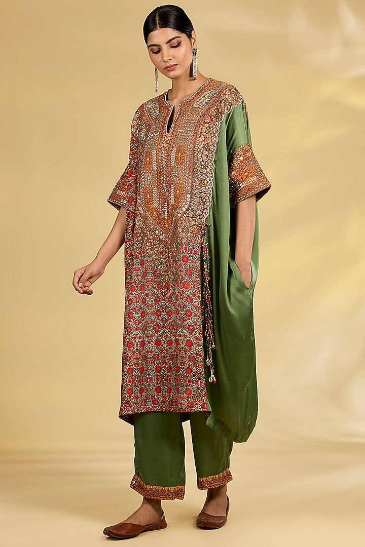 Sage Green Silk Hand & Machine Embroidered Kaftan Set by Debyani at Pernia's Pop Up Shop