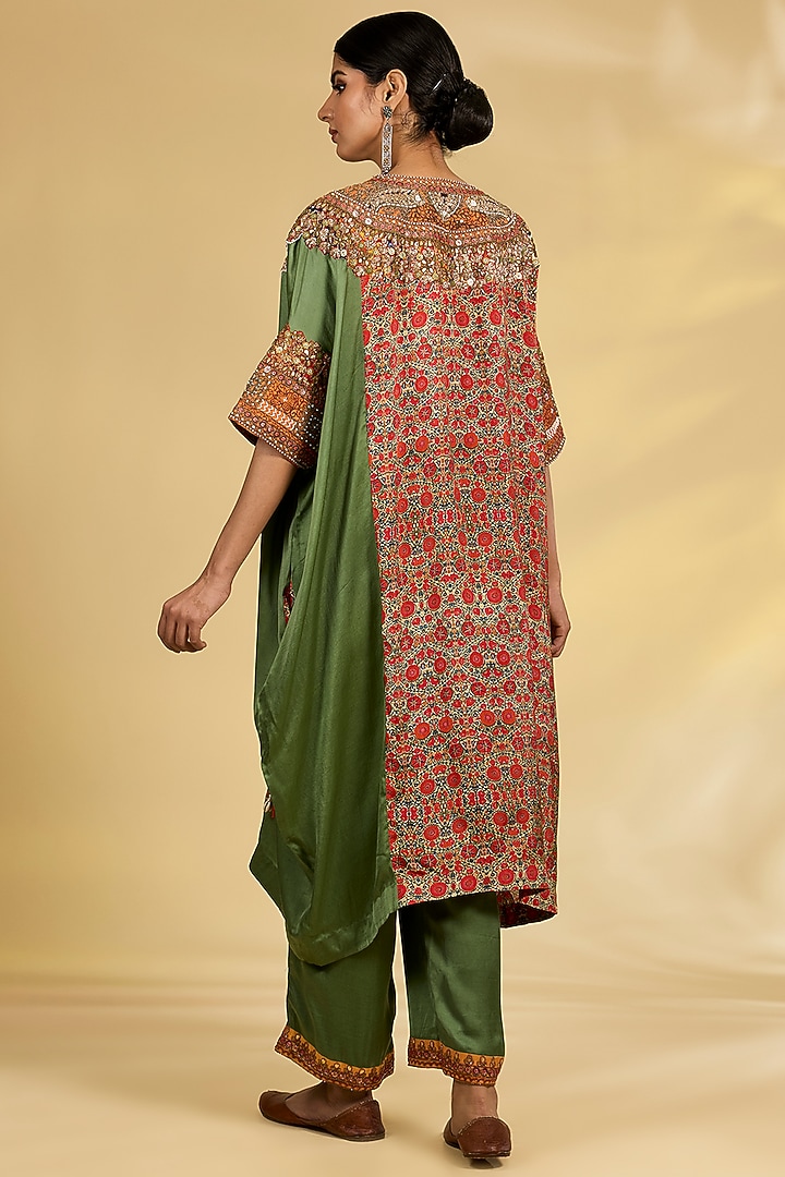 Sage Green Silk Hand & Machine Embroidered Kaftan Set by Debyani at Pernia's Pop Up Shop