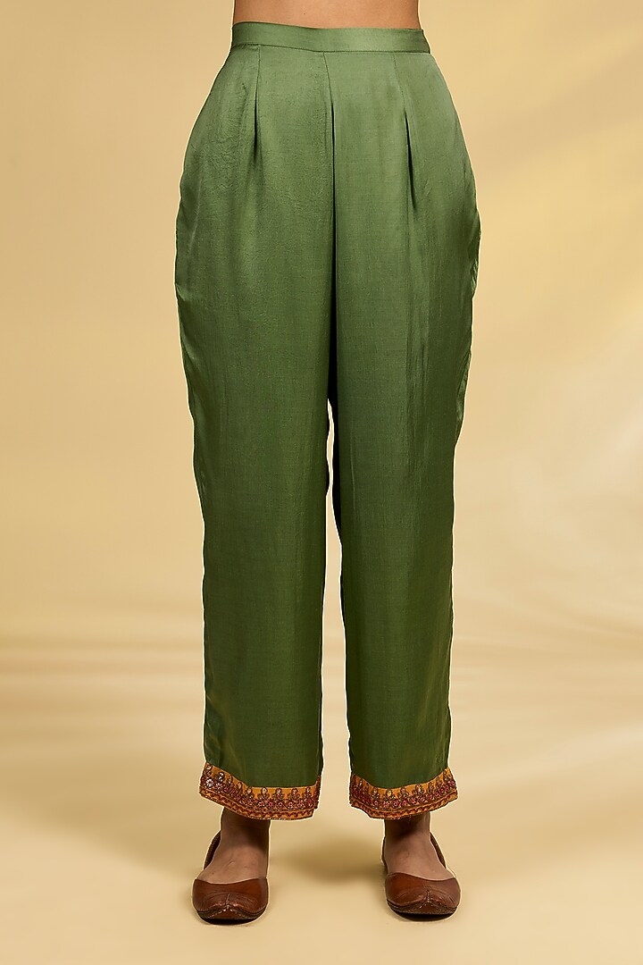 Sage Green Silk Hand & Machine Embroidered Kaftan Set by Debyani at Pernia's Pop Up Shop