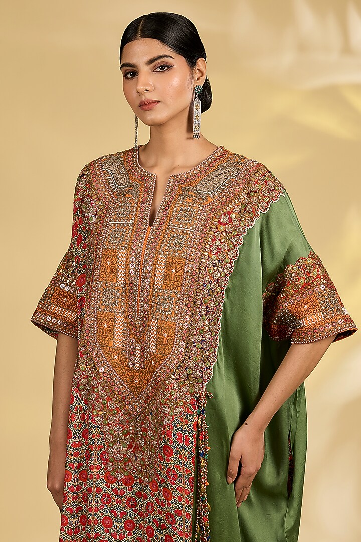 Sage Green Silk Hand & Machine Embroidered Kaftan Set by Debyani at Pernia's Pop Up Shop