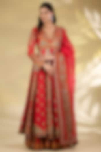 Red Silk Hand & Machine Embroidered Bridal Anarkali Set by Debyani at Pernia's Pop Up Shop